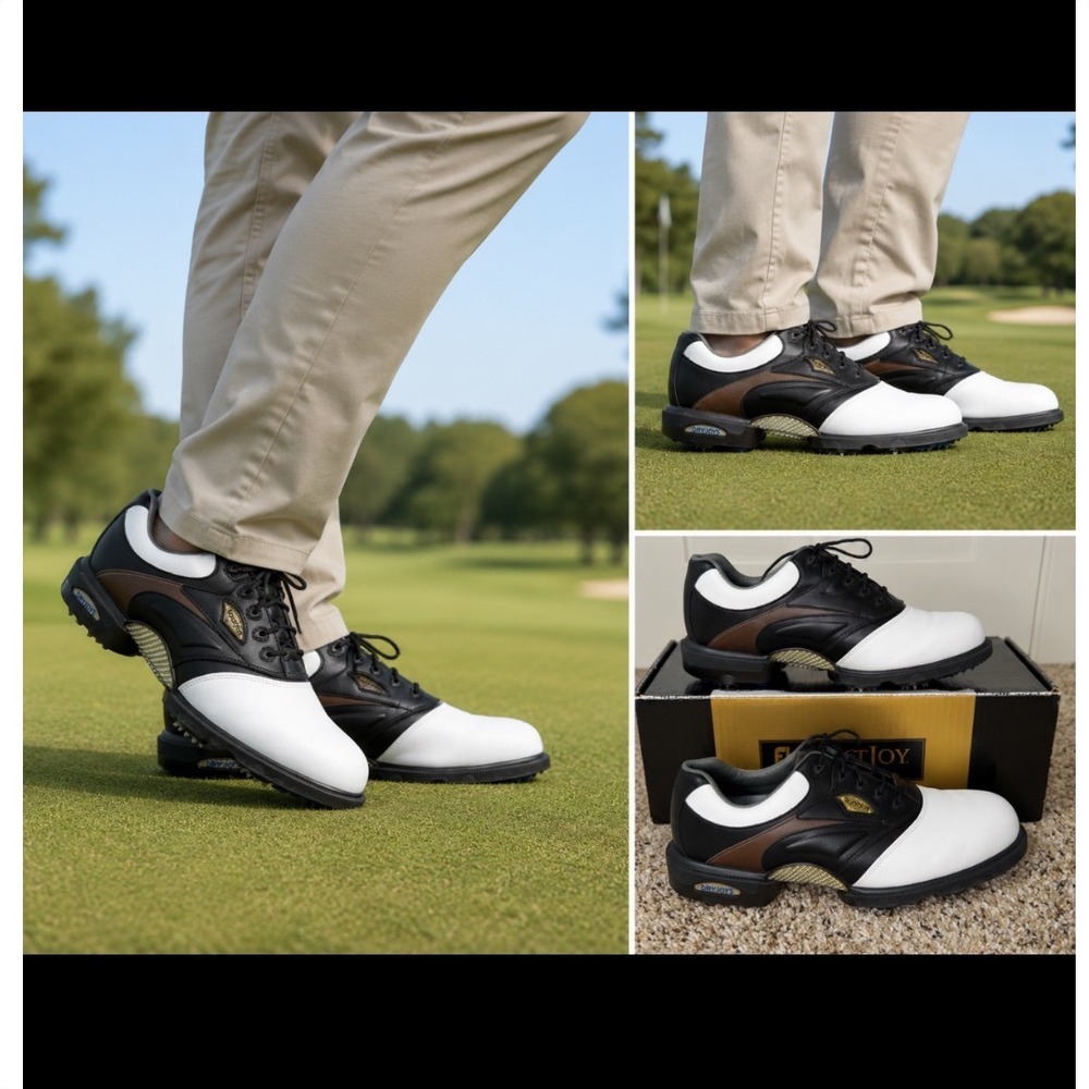 FootJoy DryJoys Mens Golf Shoes Black White Brown‎ Spiked 53452 Size 8.5 M